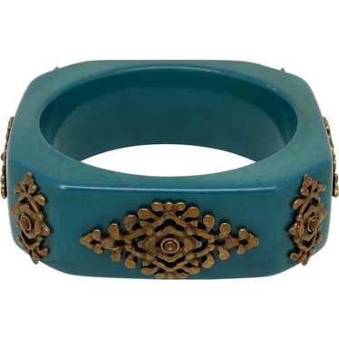 Blue/Green Resin Bangle with Ornate Metal Appliqu… - image 1