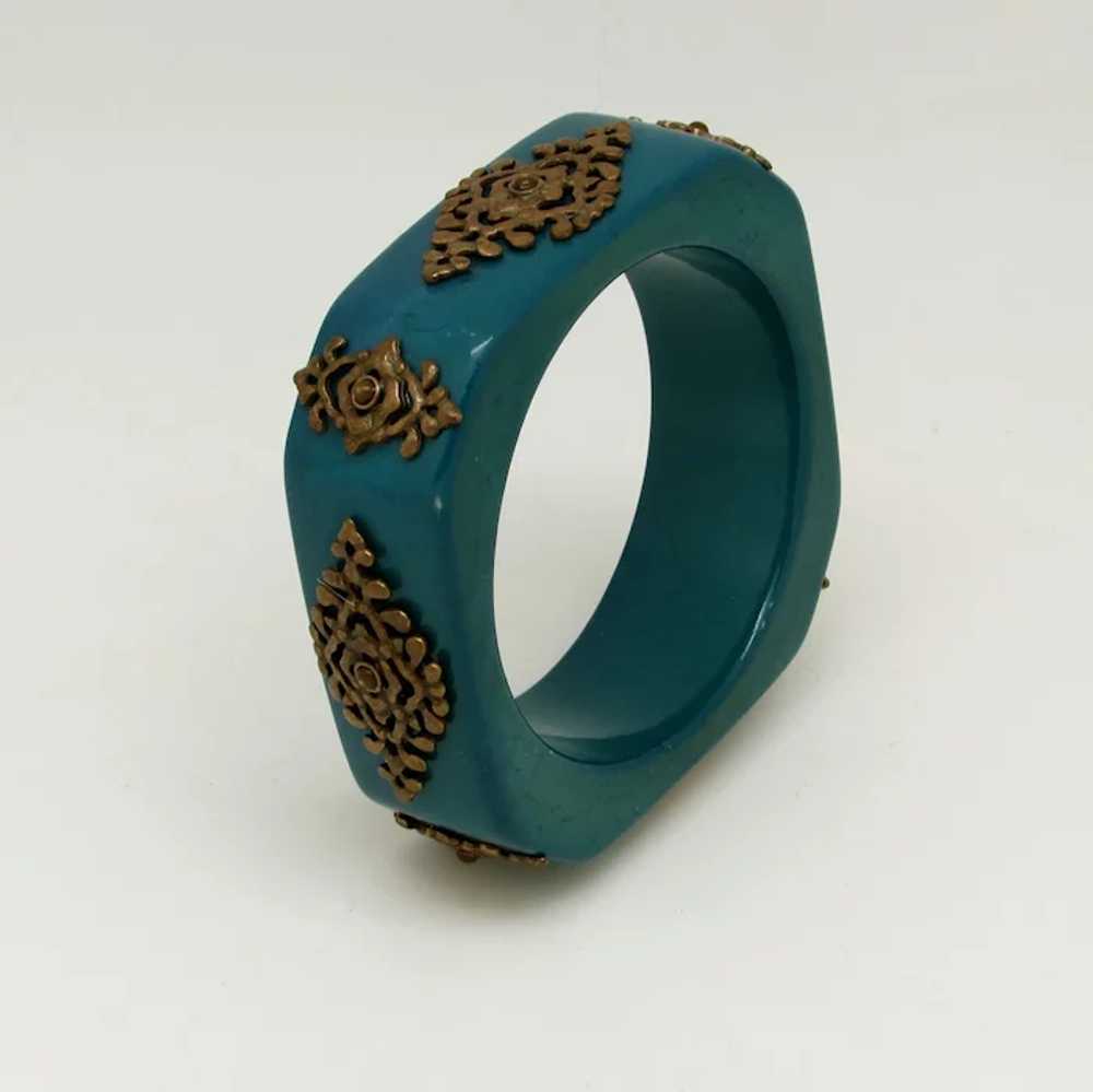 Blue/Green Resin Bangle with Ornate Metal Appliqu… - image 2