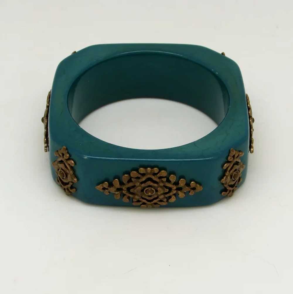 Blue/Green Resin Bangle with Ornate Metal Appliqu… - image 3