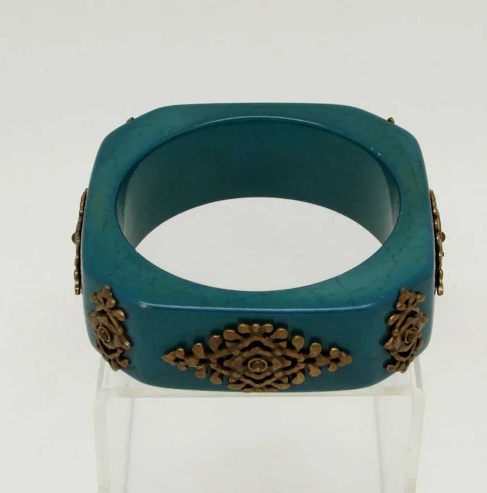 Blue/Green Resin Bangle with Ornate Metal Appliqu… - image 5