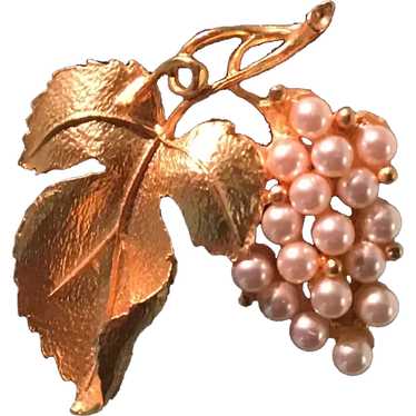 Gold Tone and Faux Pearl Grape Cluster Brooch - image 1