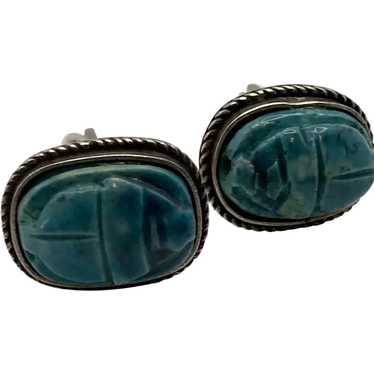 Vintage Egyptian Bani Silver and Faience Scarab C… - image 1