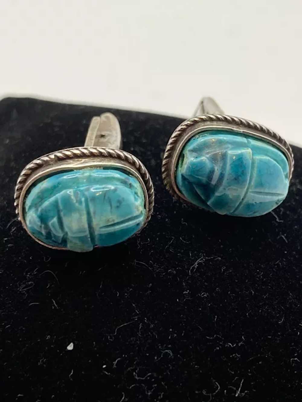 Vintage Egyptian Bani Silver and Faience Scarab C… - image 2