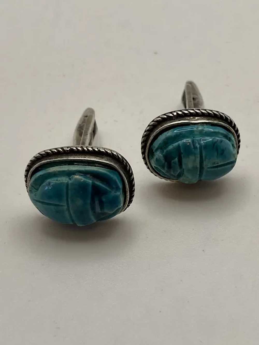 Vintage Egyptian Bani Silver and Faience Scarab C… - image 3