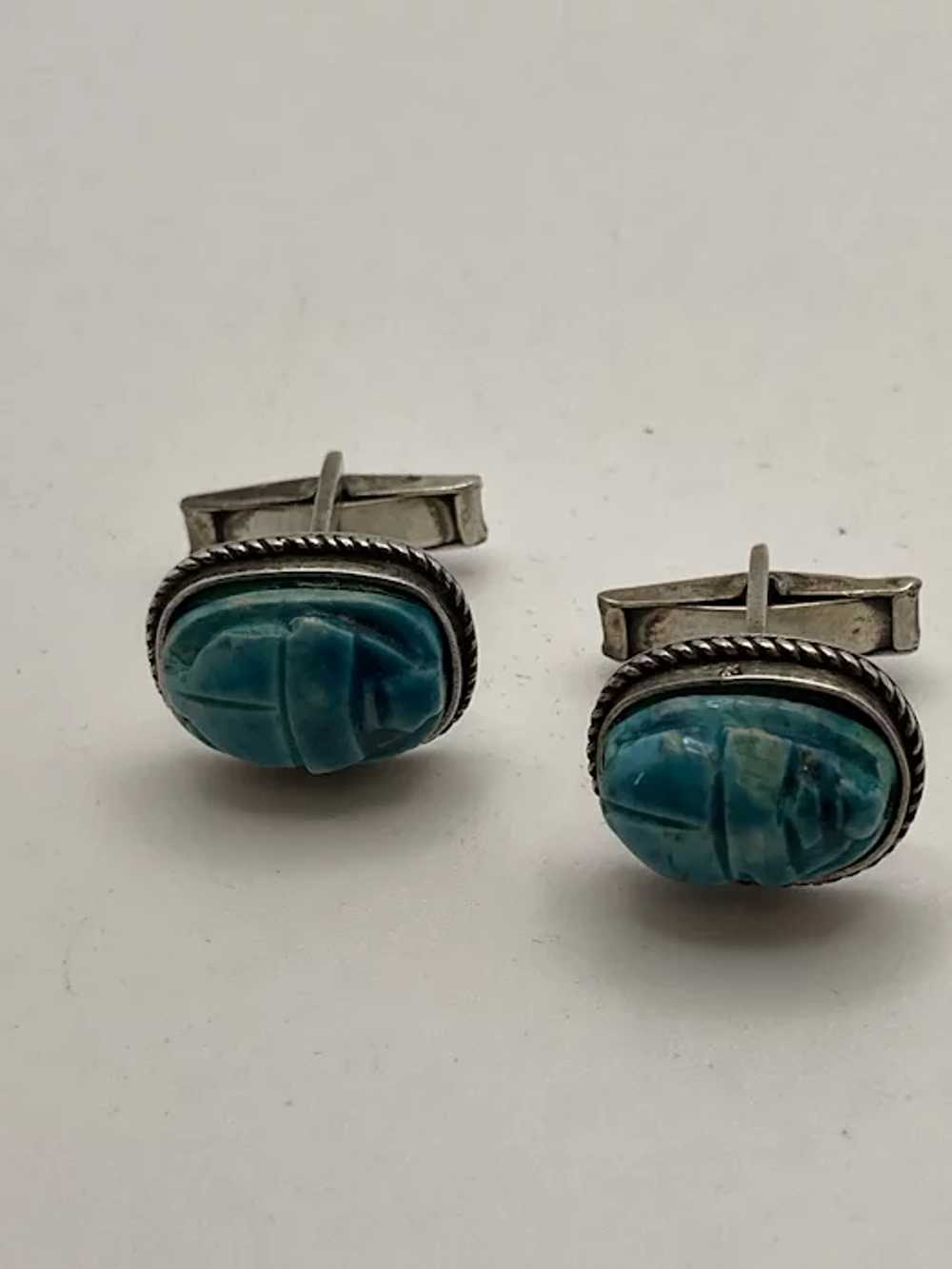 Vintage Egyptian Bani Silver and Faience Scarab C… - image 5