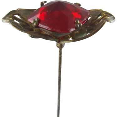 Hatpin - Art Nouveau Gilt Brass and Ruby Glass Je… - image 1
