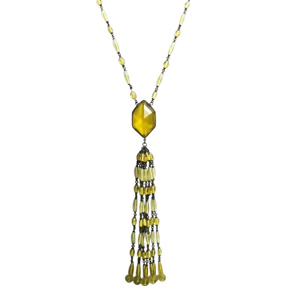 1920's Amber-colored Crystal Tassel Necklace - image 1