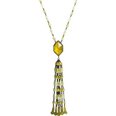 1920's Amber-colored Crystal Tassel Necklace - image 1