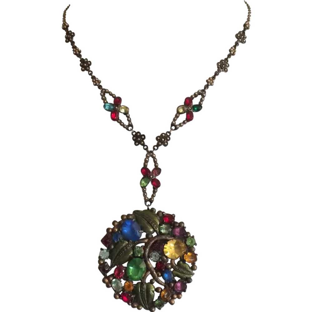 Czech 1930's Colorful Pendant Necklace - image 1