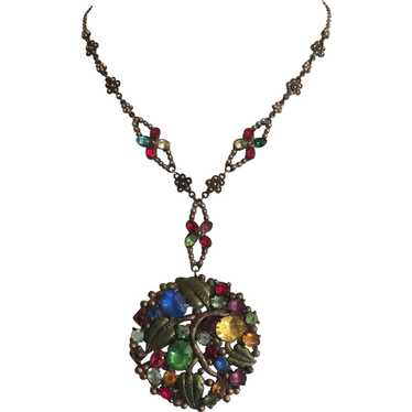 Czech 1930's Colorful Pendant Necklace - image 1