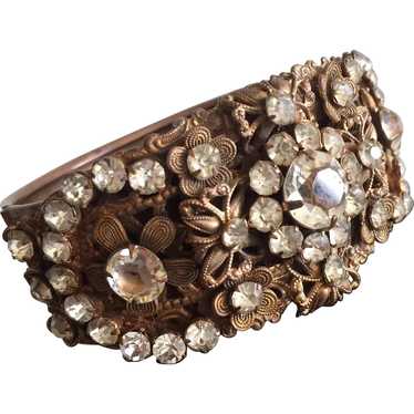 Ornate Brass and Clear Rhinestone Bangle Bracelet