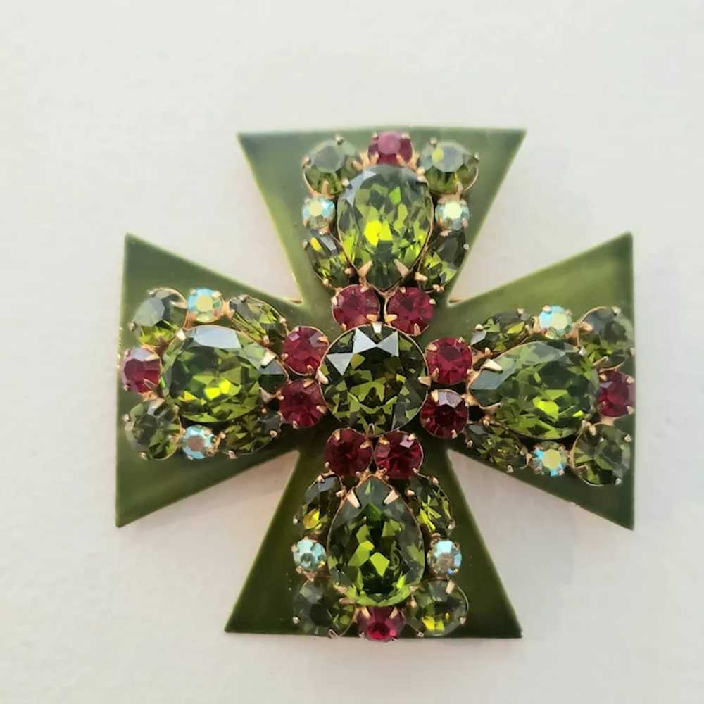 Jolly Peridot Green and Ruby Red Maltese Brooch P… - image 2