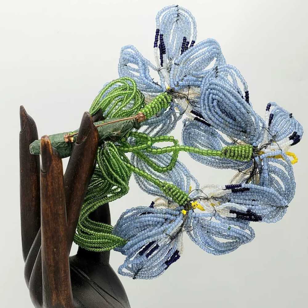 Blue Beaded Flower Corsage Brooch - image 3