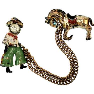Cowboy and Bucking Bronco Chatelaine Brooch - image 1