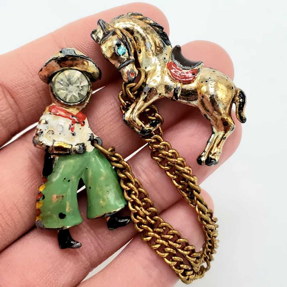 Cowboy and Bucking Bronco Chatelaine Brooch - image 2