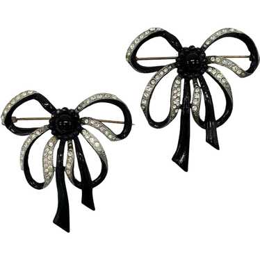 Black Enamel and Crystal Bow Brooch Pair