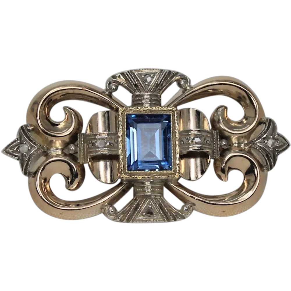 Beautiful Art Nouveau Blue Spinel Brooch, 14 Kt Y… - image 1