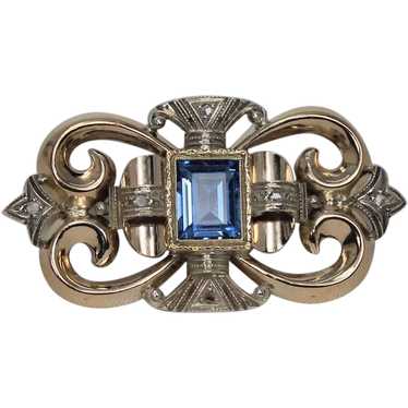 Beautiful Art Nouveau Blue Spinel Brooch, 14 Kt Y… - image 1