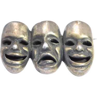 Comedy & Tragedy Mask Brooch Mexican Silver Signe… - image 1