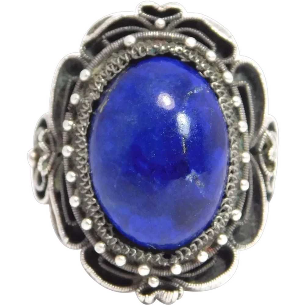 Ornate Old Chinese Lapis Silver Ring - image 1