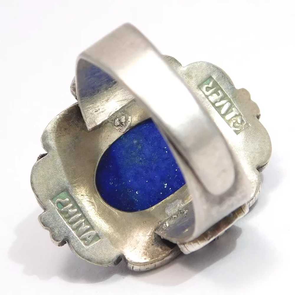 Ornate Old Chinese Lapis Silver Ring - image 5