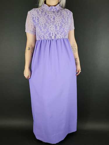 70s Lavender Empire Waist Lace Maxi Dress - image 1