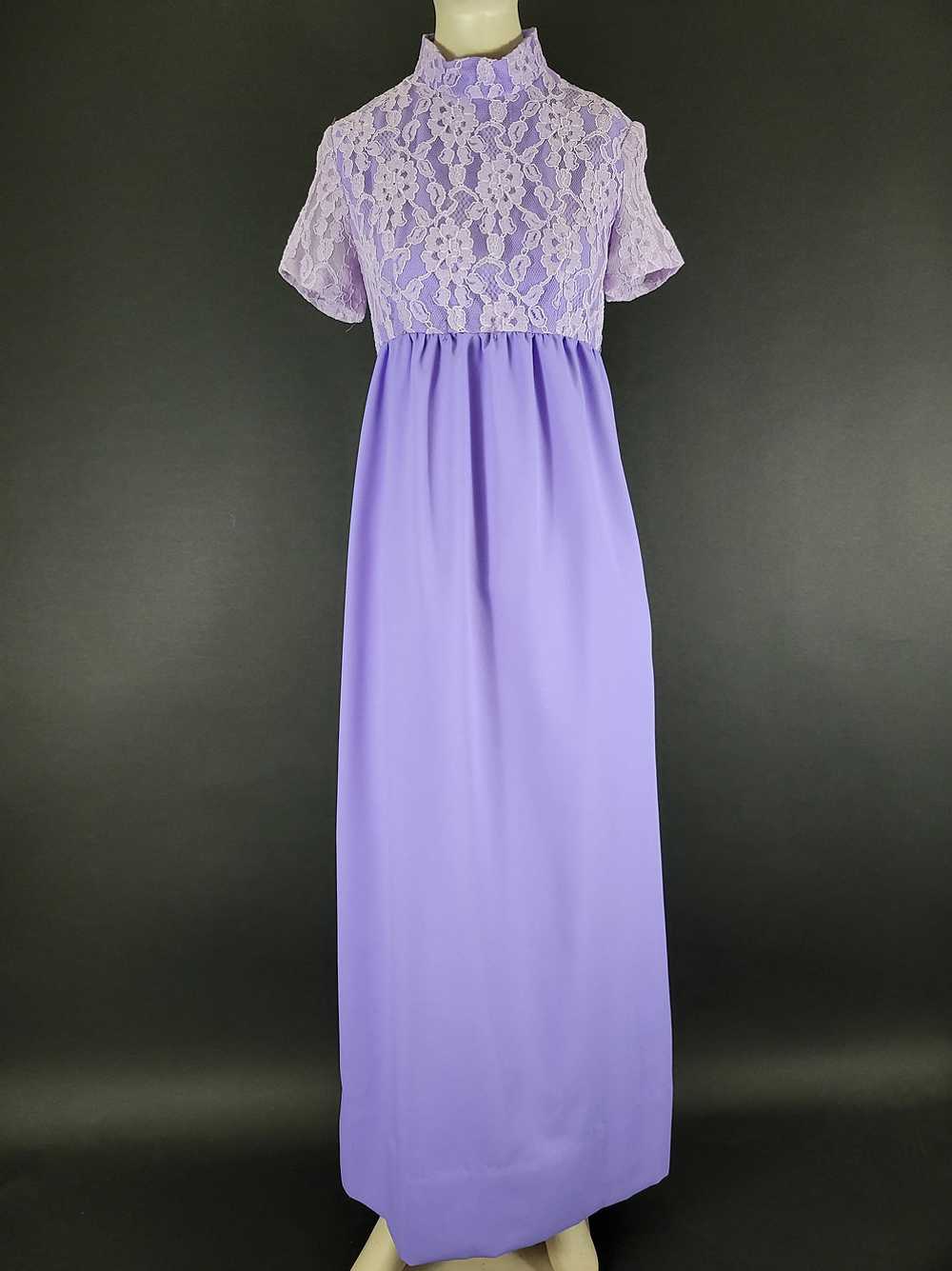 70s Lavender Empire Waist Lace Maxi Dress - image 2