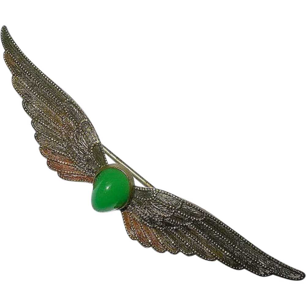 Art Nouveau Chrysoprase and Brass Feather / Wings… - image 1