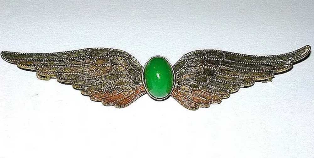 Art Nouveau Chrysoprase and Brass Feather / Wings… - image 2