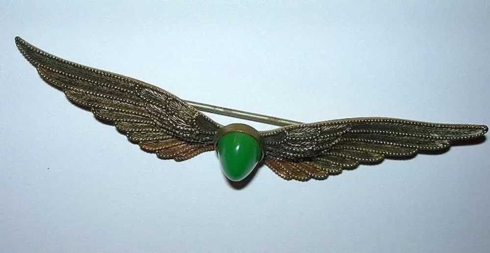 Art Nouveau Chrysoprase and Brass Feather / Wings… - image 4