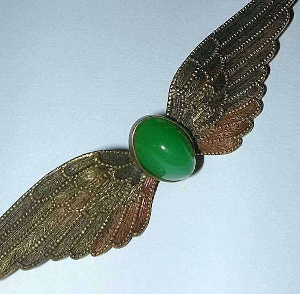 Art Nouveau Chrysoprase and Brass Feather / Wings… - image 5