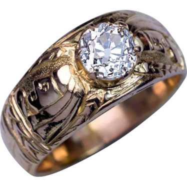 Unusual Antique Diamond Chased 14K Gold Men’s Ring - image 1