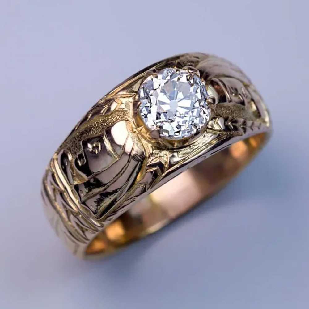 Unusual Antique Diamond Chased 14K Gold Men’s Ring - image 3