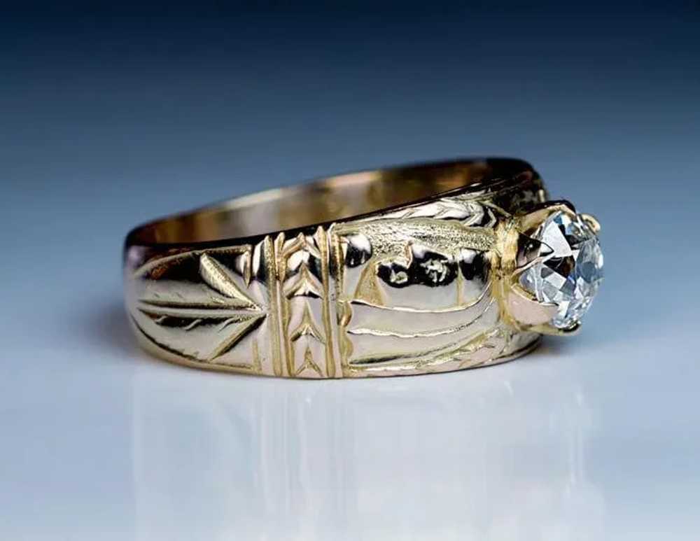 Unusual Antique Diamond Chased 14K Gold Men’s Ring - image 5