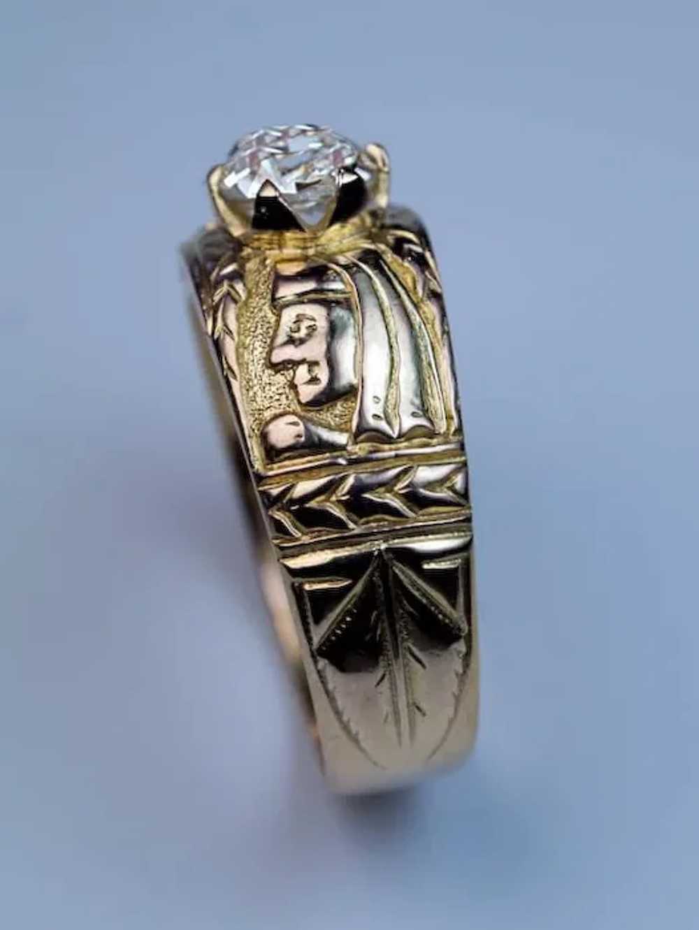 Unusual Antique Diamond Chased 14K Gold Men’s Ring - image 6