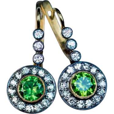 Rare Russian Demantoid and Diamond Drop Earrings - image 1