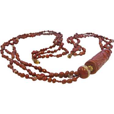 Necklace 29 ½” Long Carved Cinnabar w 3-Strand Ru… - image 1