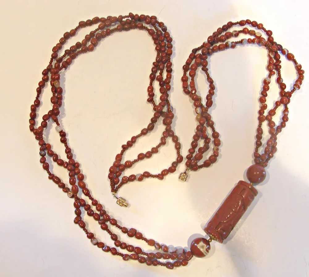 Necklace 29 ½” Long Carved Cinnabar w 3-Strand Ru… - image 3