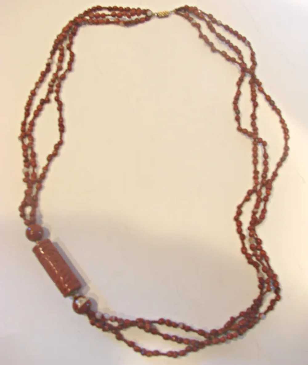 Necklace 29 ½” Long Carved Cinnabar w 3-Strand Ru… - image 4