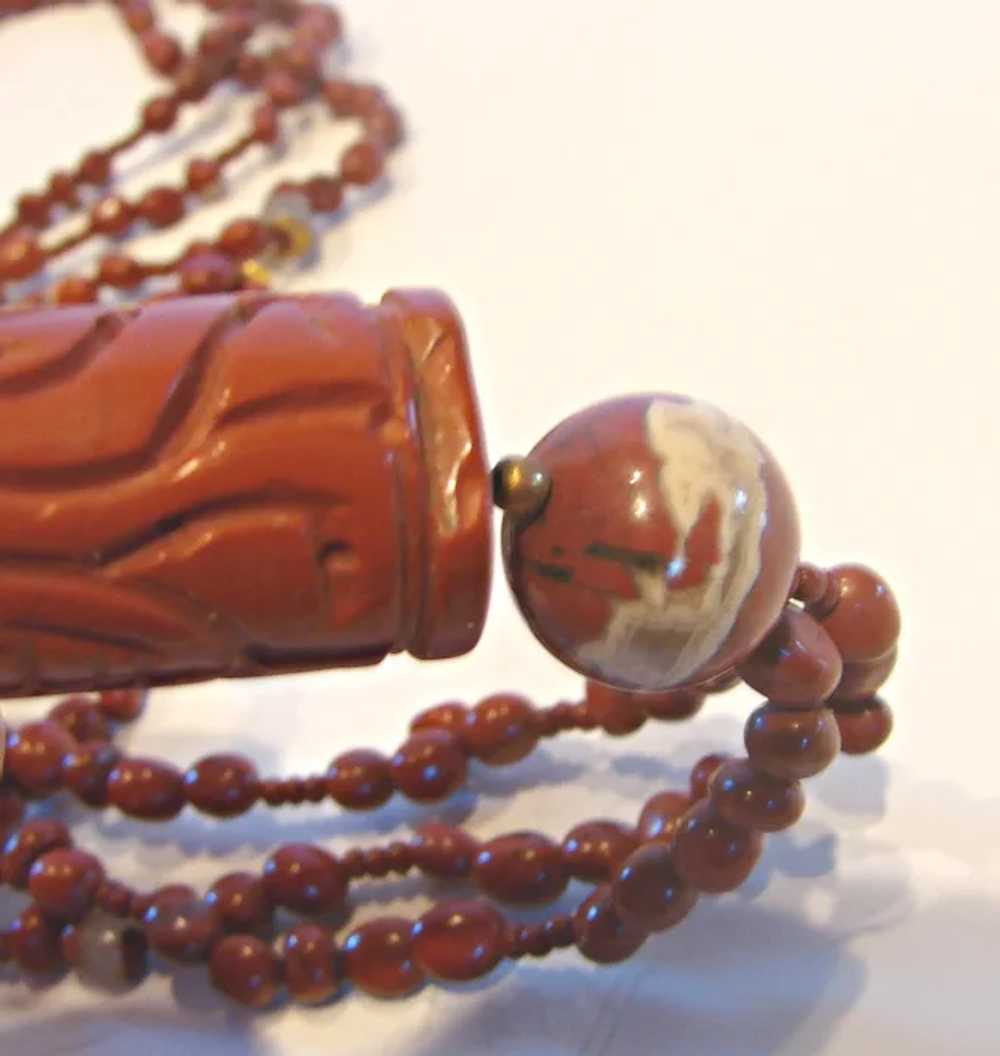 Necklace 29 ½” Long Carved Cinnabar w 3-Strand Ru… - image 6