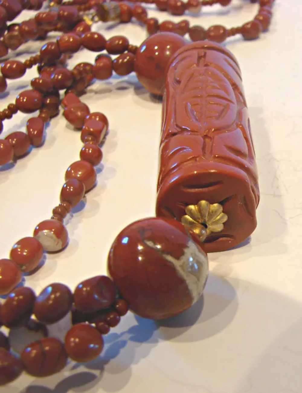 Necklace 29 ½” Long Carved Cinnabar w 3-Strand Ru… - image 8