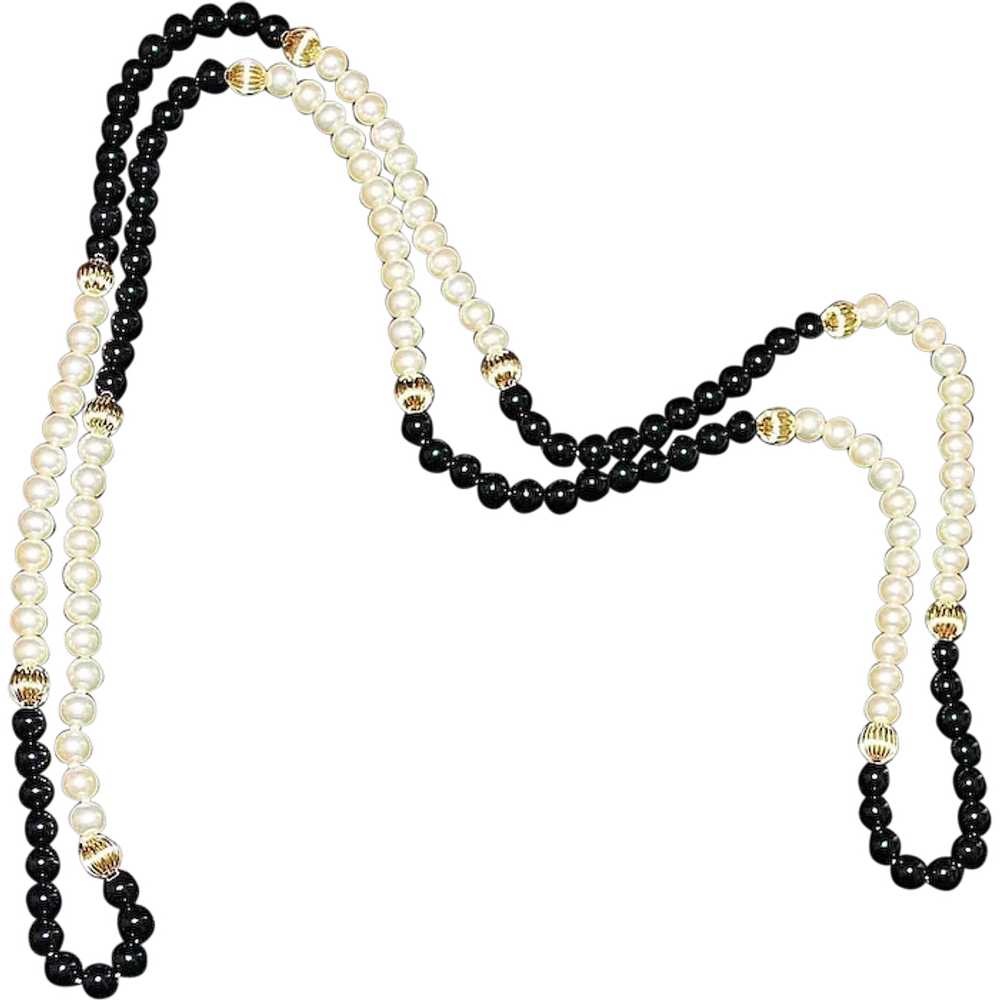 14K Gold, Cultured Pearl and Black Onyx Necklace - image 1