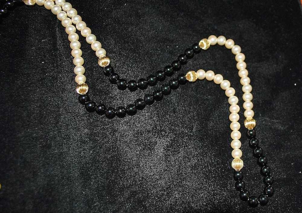14K Gold, Cultured Pearl and Black Onyx Necklace - image 3