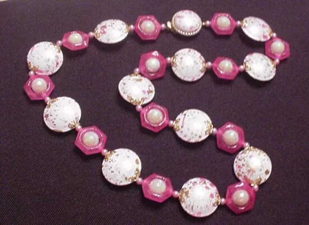 Vintage Jewelry Pink Flying Saucer Beads Necklace - image 1