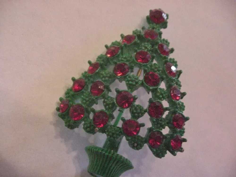 Christmas Tree Pin Green Enamel and Red Rhineston… - image 2