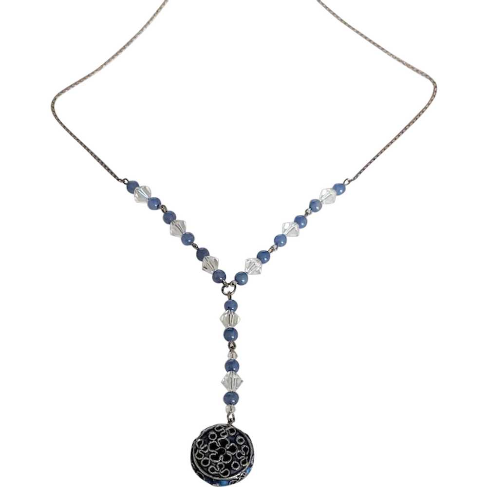 Sterling Blue Glass, Enameled Necklace - image 1