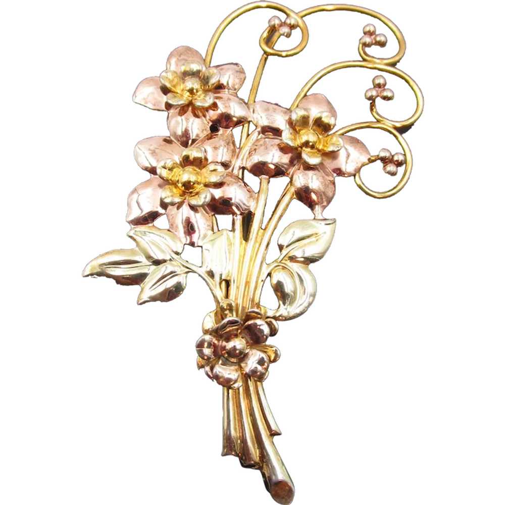 1940s Gold Over Sterling Floral Spray Four Inch B… - image 1