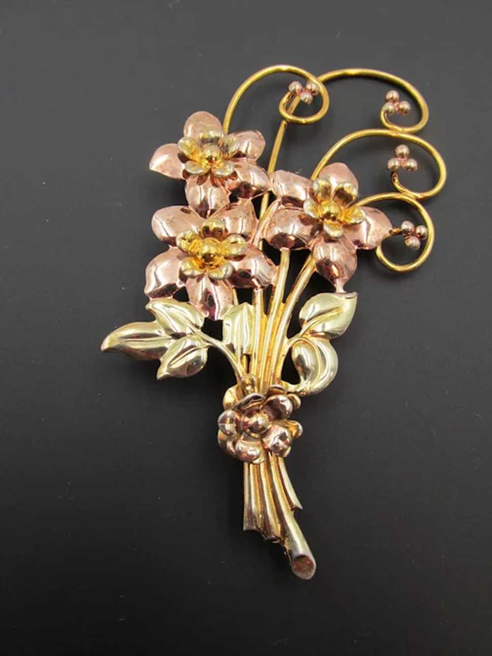 1940s Gold Over Sterling Floral Spray Four Inch B… - image 2