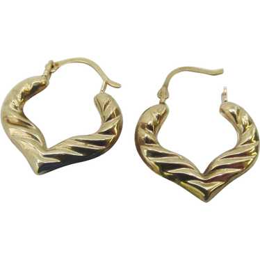 Vintage 9k Gold Textured Heart Hoop Earrings - image 1
