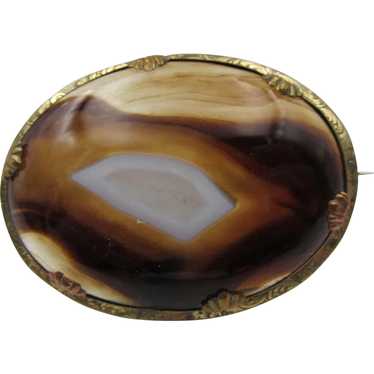 Victorian English Agate Gold Plated Brooch 1880s - image 1